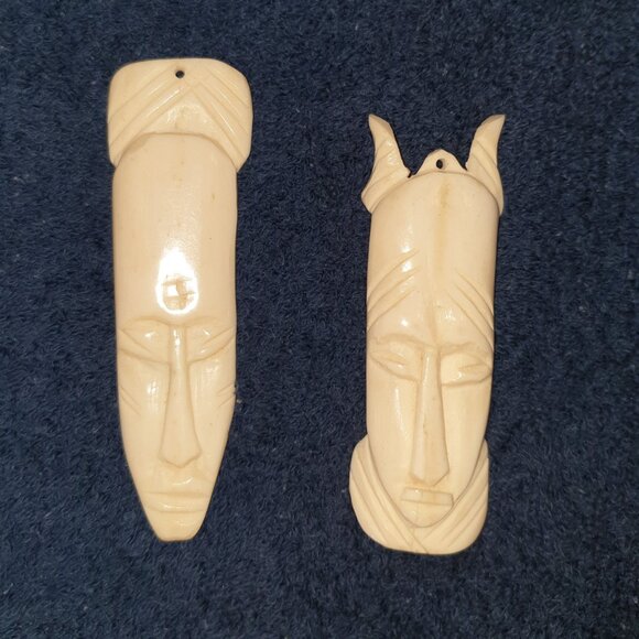 Rare African Vintage Tribal Bone Carved Mask Face Pendants – Set of 2 - Picture 4 of 10